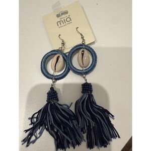 MIA Collection Blue Tassel Cowrie Shell Hoop Drop Earrings Boho Coastal Beach